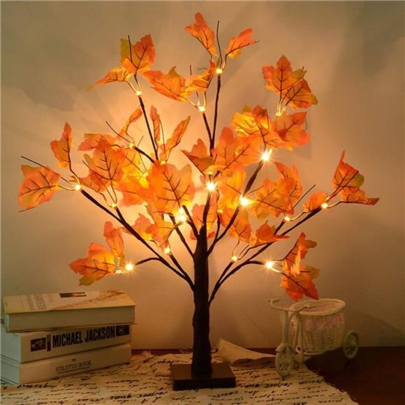 Artificial Fall Lighted Maple Tree 24 LED Thanksgiving Decorations Table Lights - Picture 1 of 8
